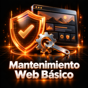 Escudo holográfico naranja protegiendo un sitio web, acompañado de un engranaje y una llave inglesa metálicos sobre fondo negro.