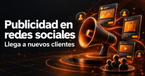 publicidad en redes sociales: megáfono, tarjetas de anuncios y audiencia en una portada de diseño web naranja y carbón