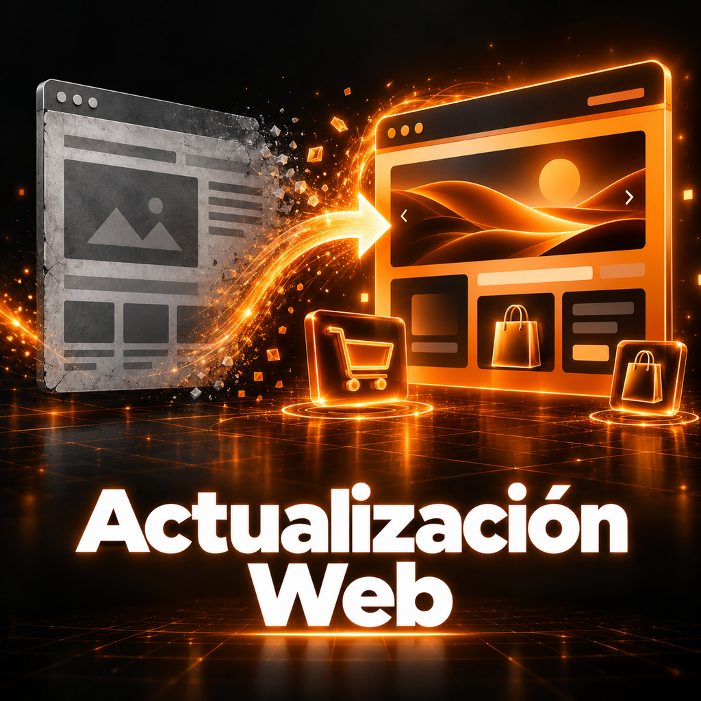 Página web antigua transformándose en una moderna mediante energía naranja, con iconos de comercio electrónico sobre fondo oscuro.