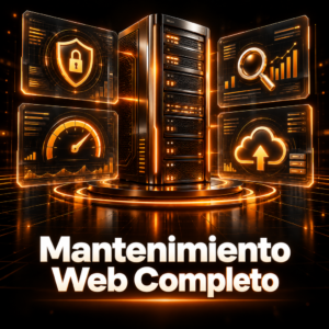 Servidor premium rodeado de paneles holográficos de seguridad, velocidad, SEO y copias de seguridad, iluminados en naranja sobre fondo negro.