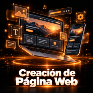 Laptop y celular flotantes con una página web en construcción e interfaces holográficas, sobre fondo negro con luces naranja.