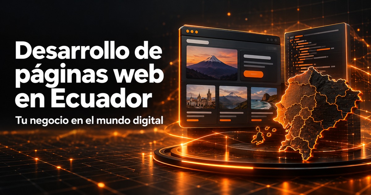 desarrollo de páginas web: panel web, código abstracto y mapa de Ecuador en una portada de diseño web naranja y carbón
