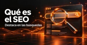 qué es el SEO: lupa sobre barra de búsqueda y panel web en una portada de diseño web naranja y carbón