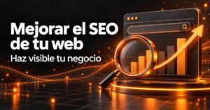 mejorar el SEO: lupa, panel web y flecha ascendente en una portada de diseño web naranja y carbón