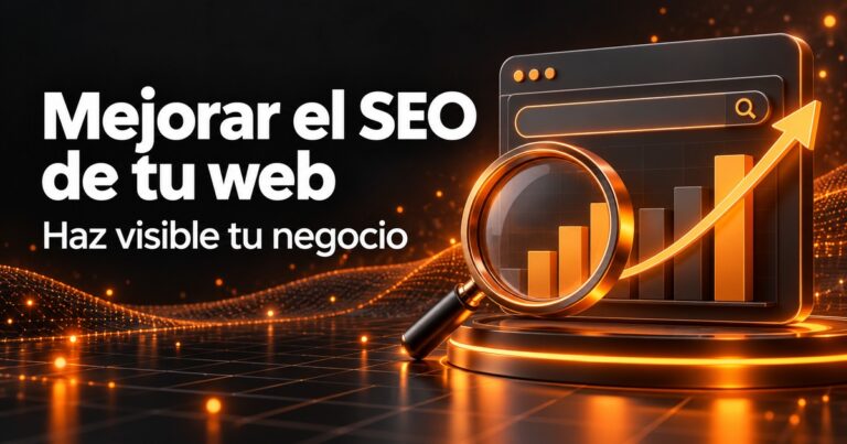 mejorar el SEO: lupa, panel web y flecha ascendente en una portada de diseño web naranja y carbón