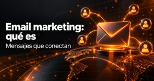 email marketing: sobre digital y conexiones con usuarios en una portada de diseño web naranja y carbón