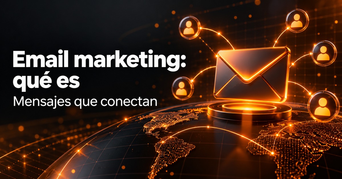 email marketing: sobre digital y conexiones con usuarios en una portada de diseño web naranja y carbón
