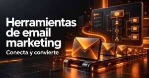 herramientas de email marketing: sobres digitales y panel de automatización en una portada de diseño web naranja y carbón