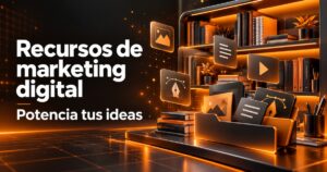 recursos de marketing digital: biblioteca de recursos digitales y tarjetas de herramientas en una portada de diseño web naranja y carbón