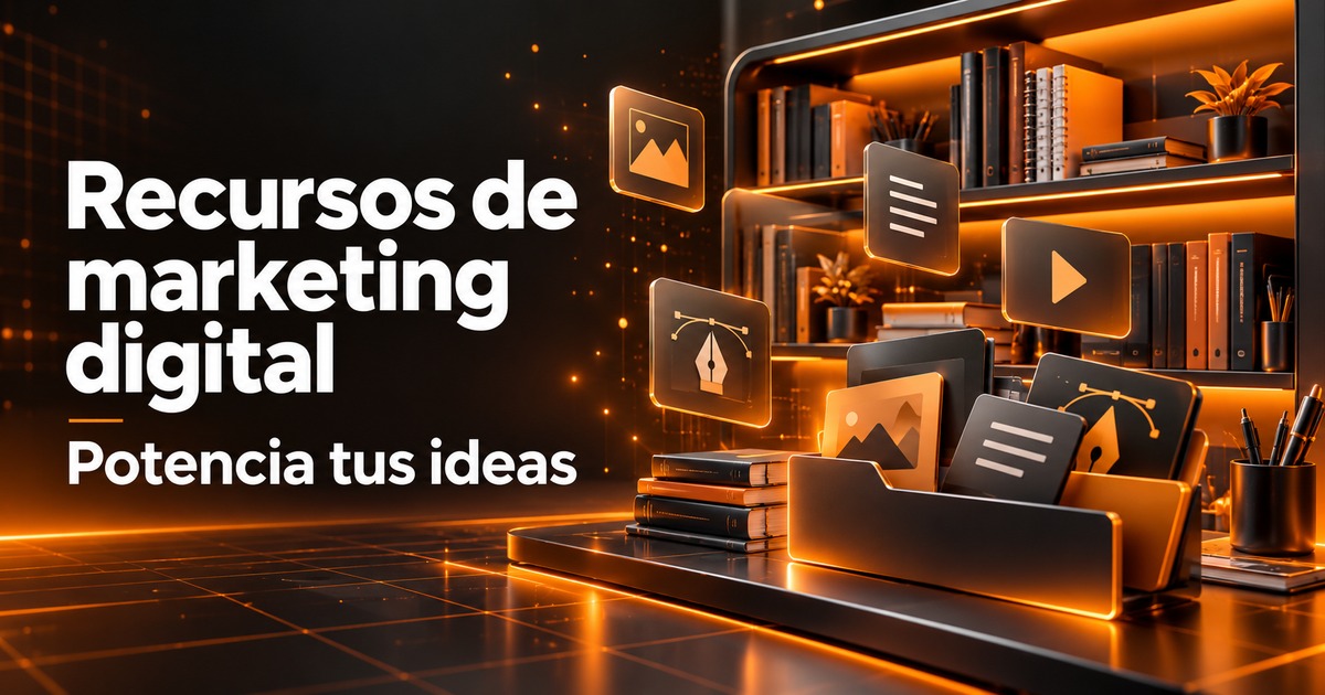 recursos de marketing digital: biblioteca de recursos digitales y tarjetas de herramientas en una portada de diseño web naranja y carbón