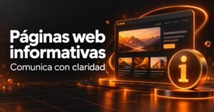 páginas web informativas: panel web informativo y símbolo de información en una portada de diseño web naranja y carbón