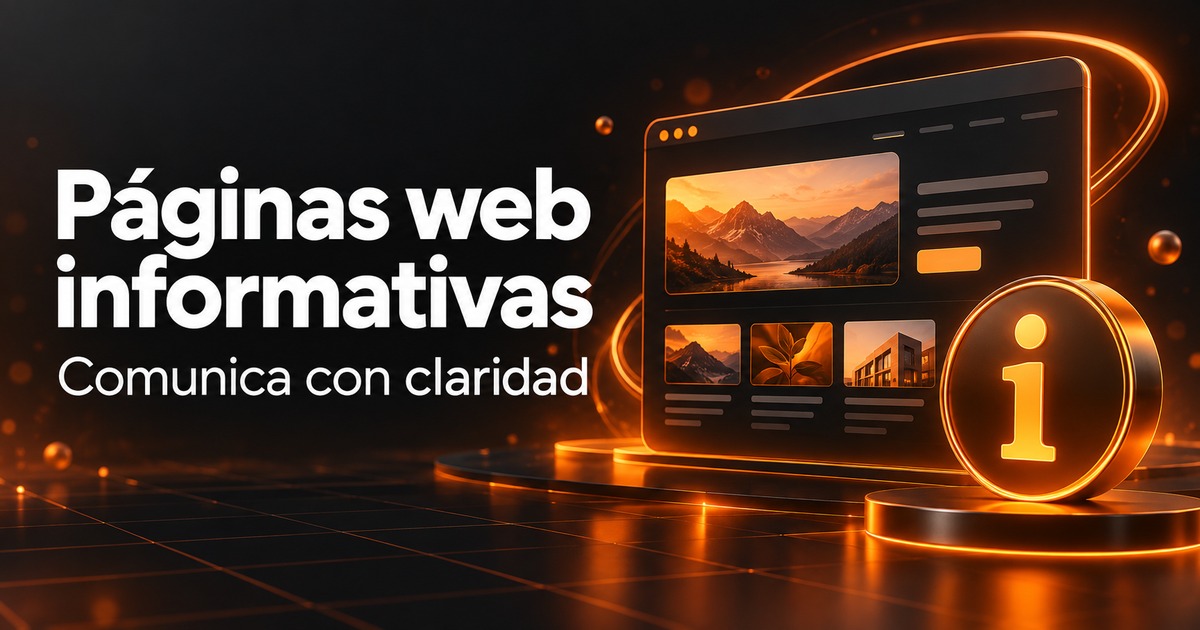 páginas web informativas: panel web informativo y símbolo de información en una portada de diseño web naranja y carbón