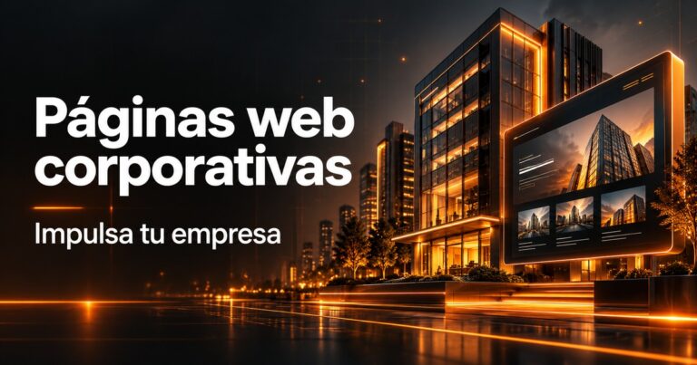 páginas web corporativas: edificios empresariales y panel corporativo en una portada de diseño web naranja y carbón