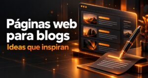 páginas web para blogs: panel de artículos y pluma digital en una portada de diseño web naranja y carbón