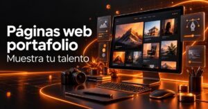 páginas web portafolio: galería de proyectos y herramientas creativas en una portada de diseño web naranja y carbón