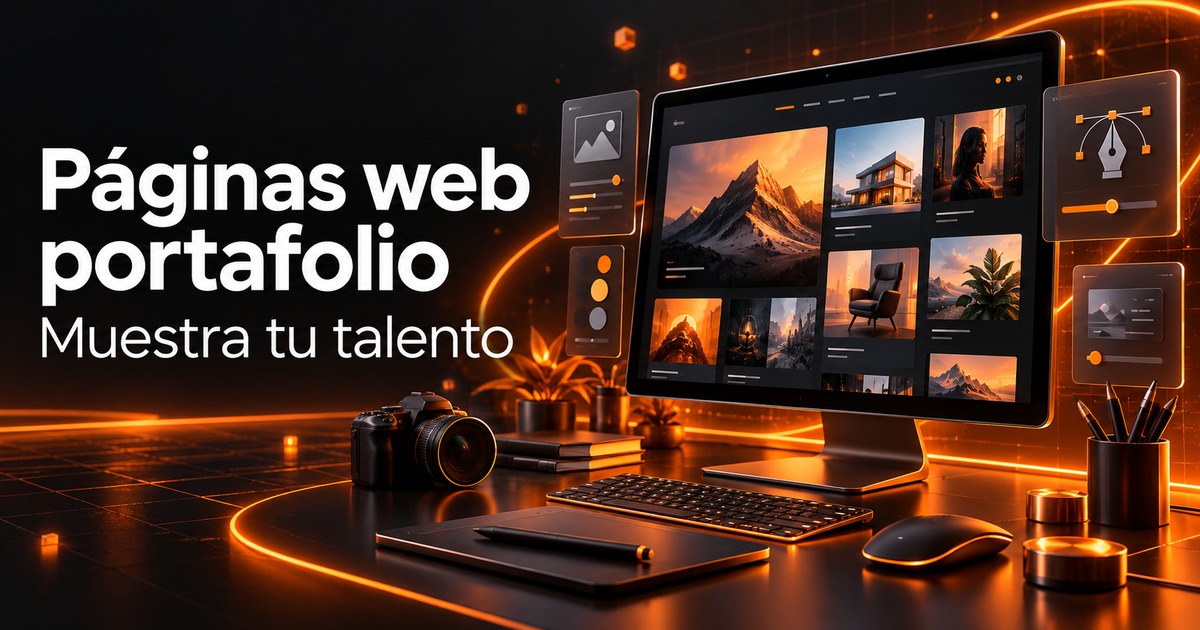 páginas web portafolio: galería de proyectos y herramientas creativas en una portada de diseño web naranja y carbón