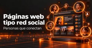 páginas web tipo red social: perfiles conectados y panel social en una portada de diseño web naranja y carbón