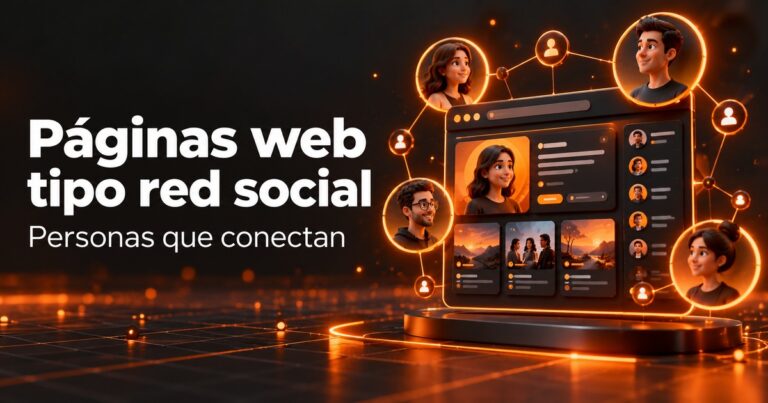 páginas web tipo red social: perfiles conectados y panel social en una portada de diseño web naranja y carbón