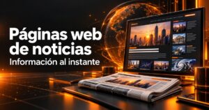 páginas web de noticias: panel editorial digital y periódico en una portada de diseño web naranja y carbón