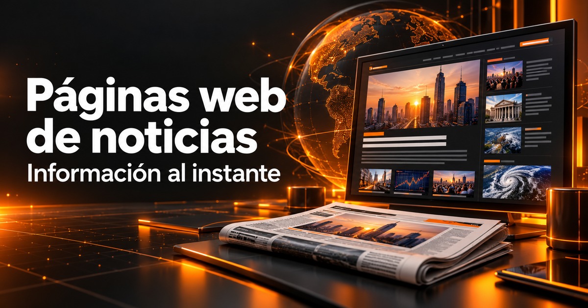 páginas web de noticias: panel editorial digital y periódico en una portada de diseño web naranja y carbón