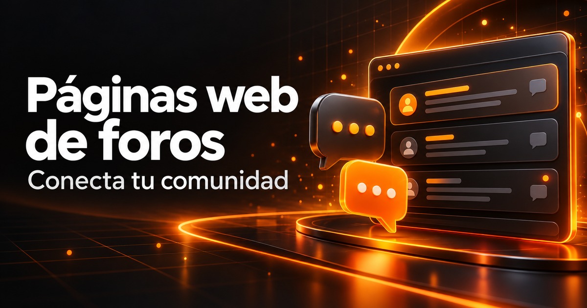 páginas web de foros: burbujas de conversación y panel de foro en una portada de diseño web naranja y carbón