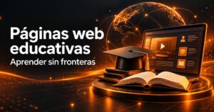 páginas web educativas: birrete, libro abierto y plataforma educativa en una portada de diseño web naranja y carbón