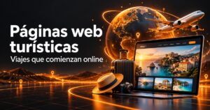 páginas web turísticas: globo terrestre, avión y panel web con paisaje turístico en una portada de diseño web naranja y carbón