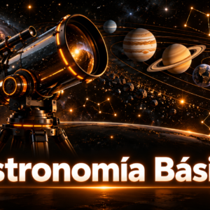 Portada de Astronomía Básica con planetas del sistema solar, telescopio futurista y constelaciones holográficas en tonos naranja y dorado.