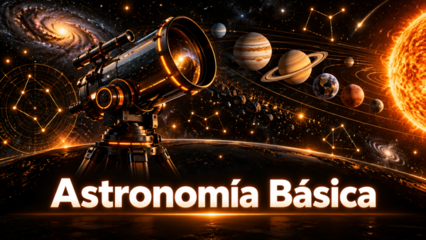 Portada del curso Astronomía Básica Portada de Astronomía Básica con planetas del sistema solar, telescopio futurista y constelaciones holográficas en tonos naranja y dorado.