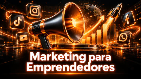 Portada de Marketing para Emprendedores con megáfono futurista, gráficas de crecimiento, iconos de redes sociales y cohete en tonos naranja y dorado.