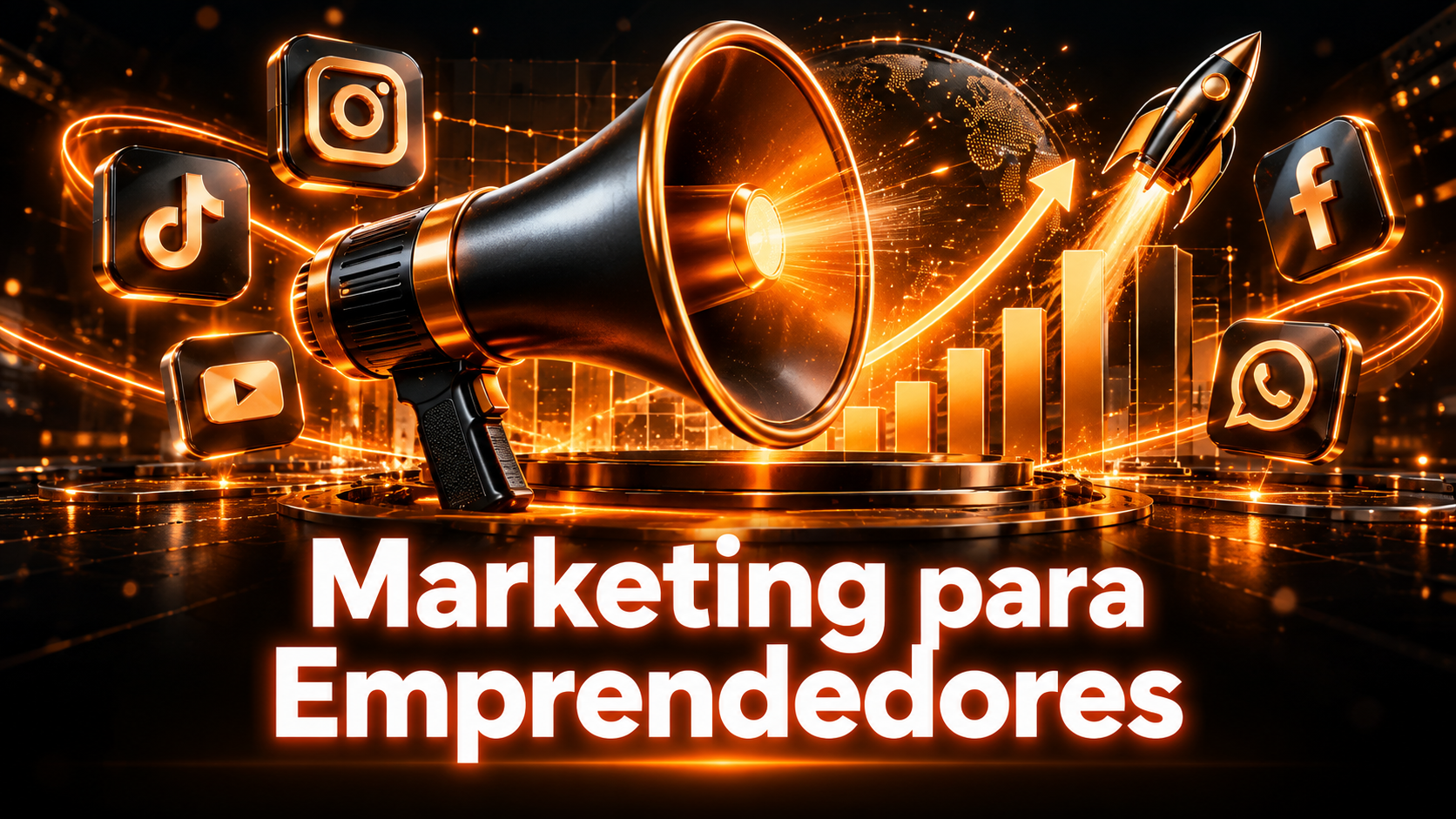 Portada de Marketing para Emprendedores con megáfono futurista, gráficas de crecimiento, iconos de redes sociales y cohete en tonos naranja y dorado.