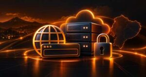 Ilustración de servidor de hosting, dominio web y candado de seguridad para artículo sobre dominio y hosting en Ecuador