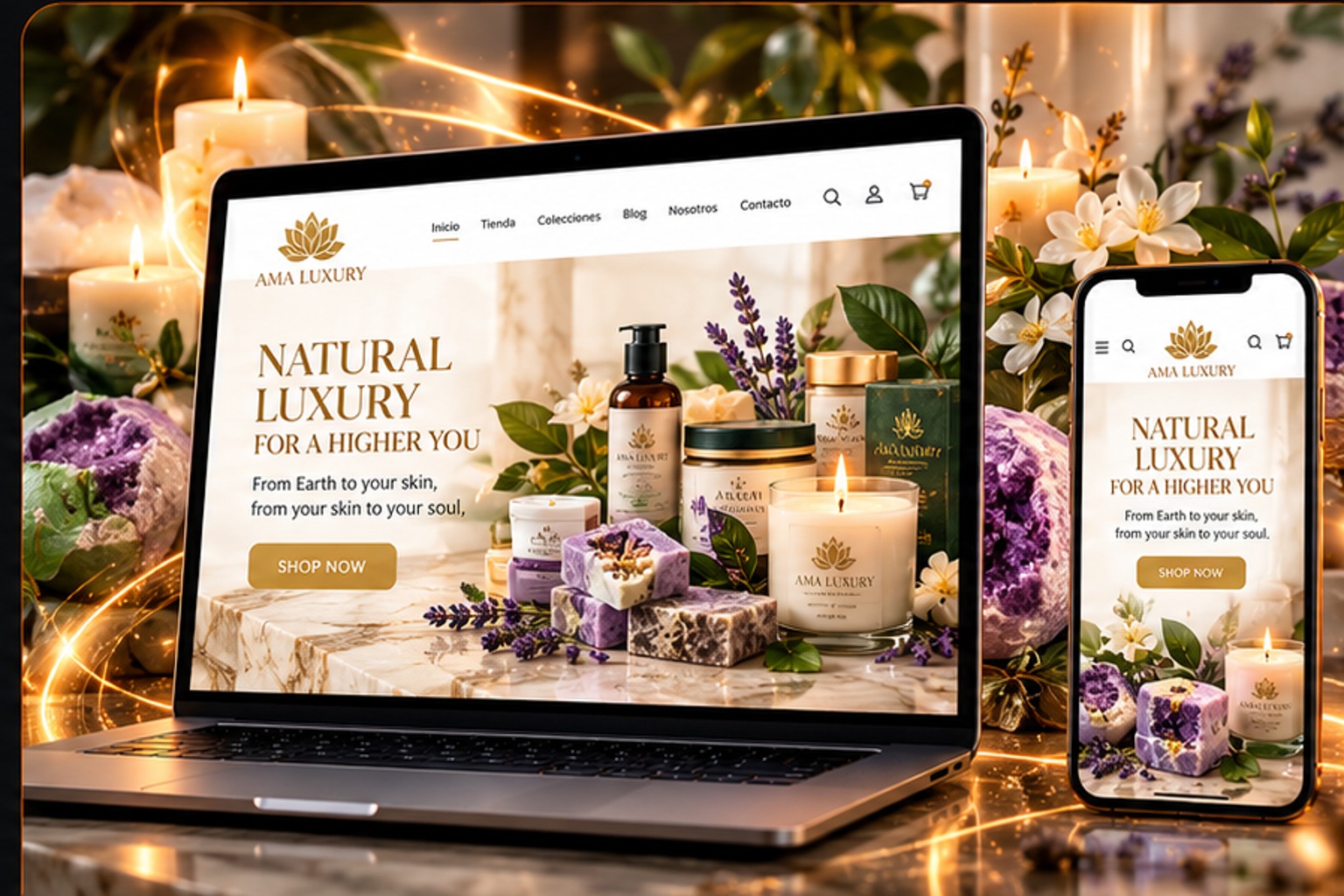 Tienda virtual AMA LUXURY en laptop y smartphone