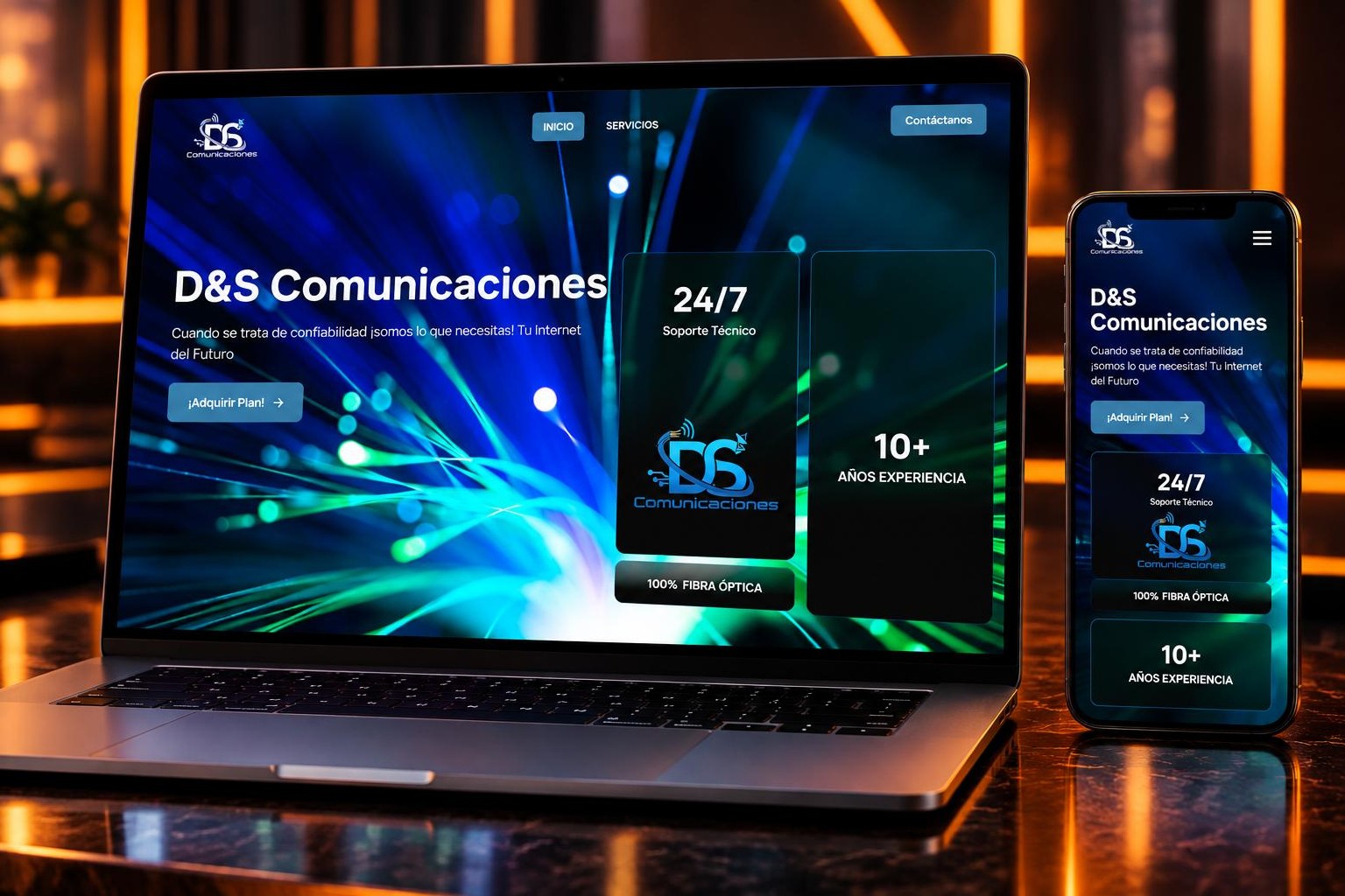 Web con blog para DYS Comunicaciones en laptop y móvil
