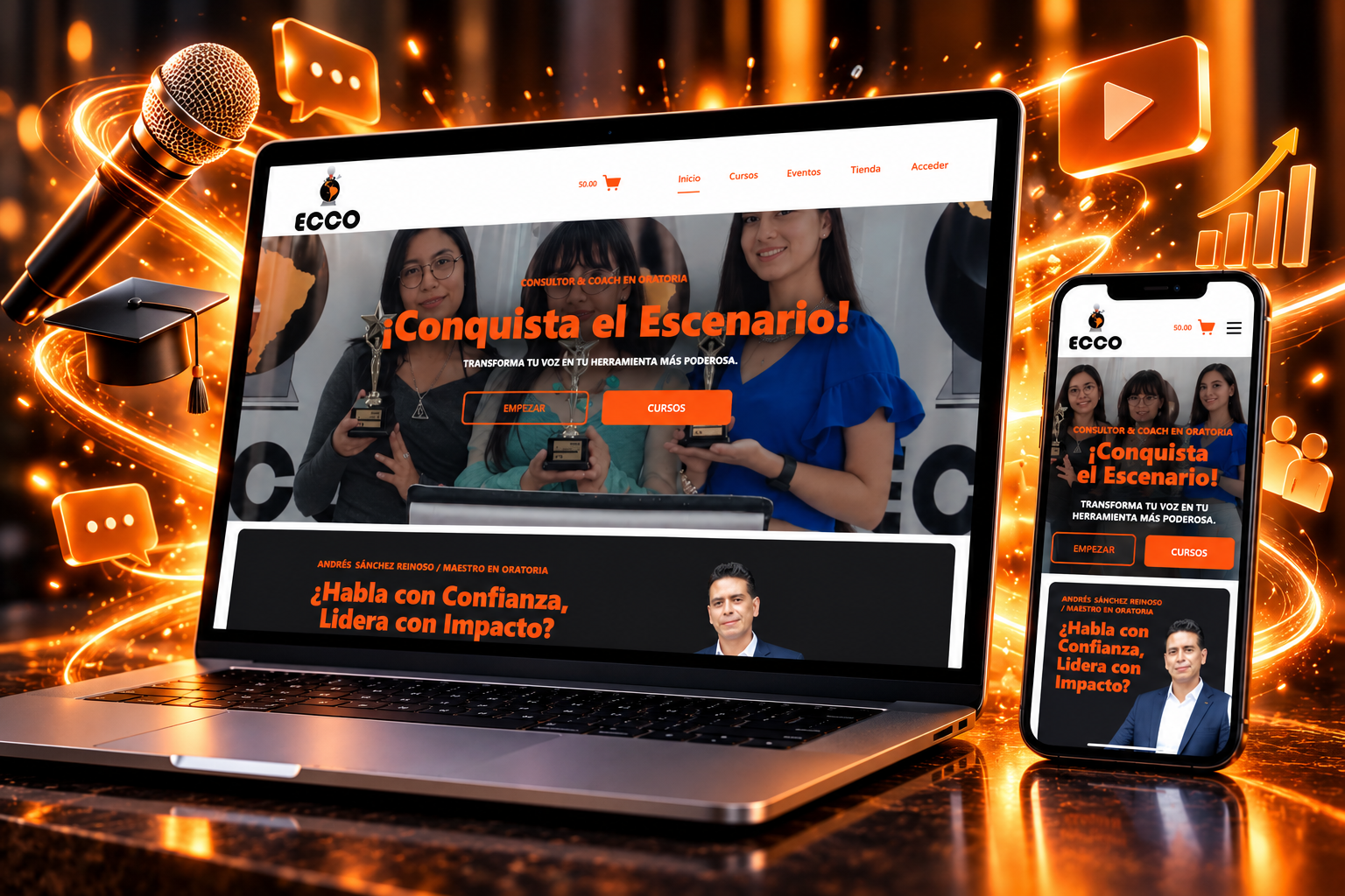 Portal web ECCO Oratoria en laptop y smartphone
