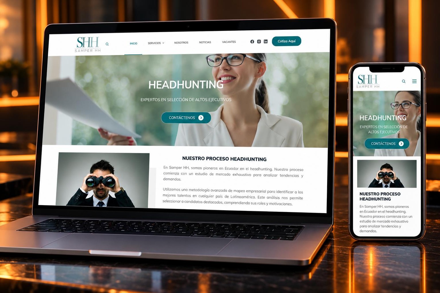 Diseño web corporativo para Samper HH en laptop y móvil