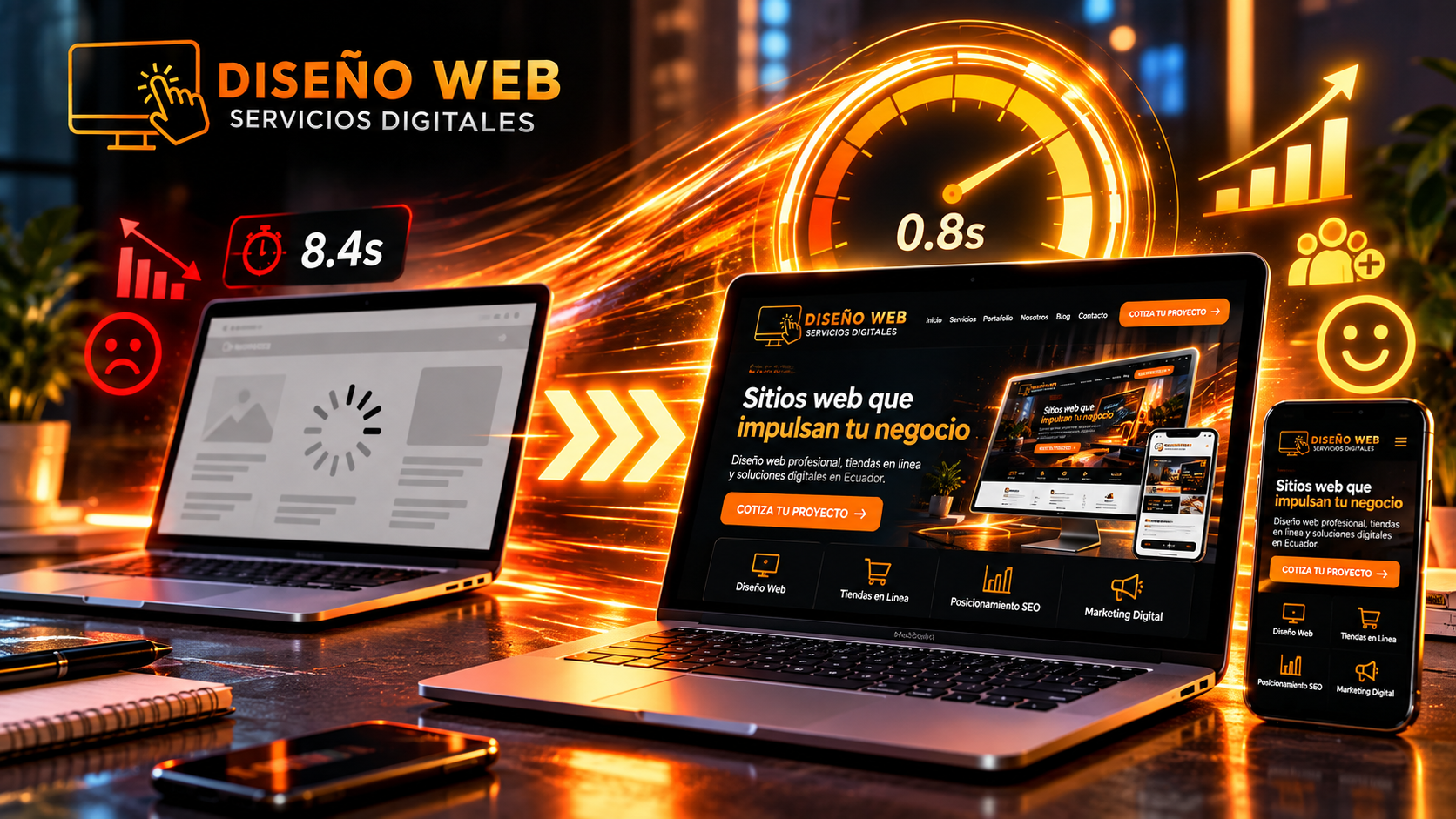 Velocidad de carga web y optimización con logo de Diseño Web Servicios Digitales